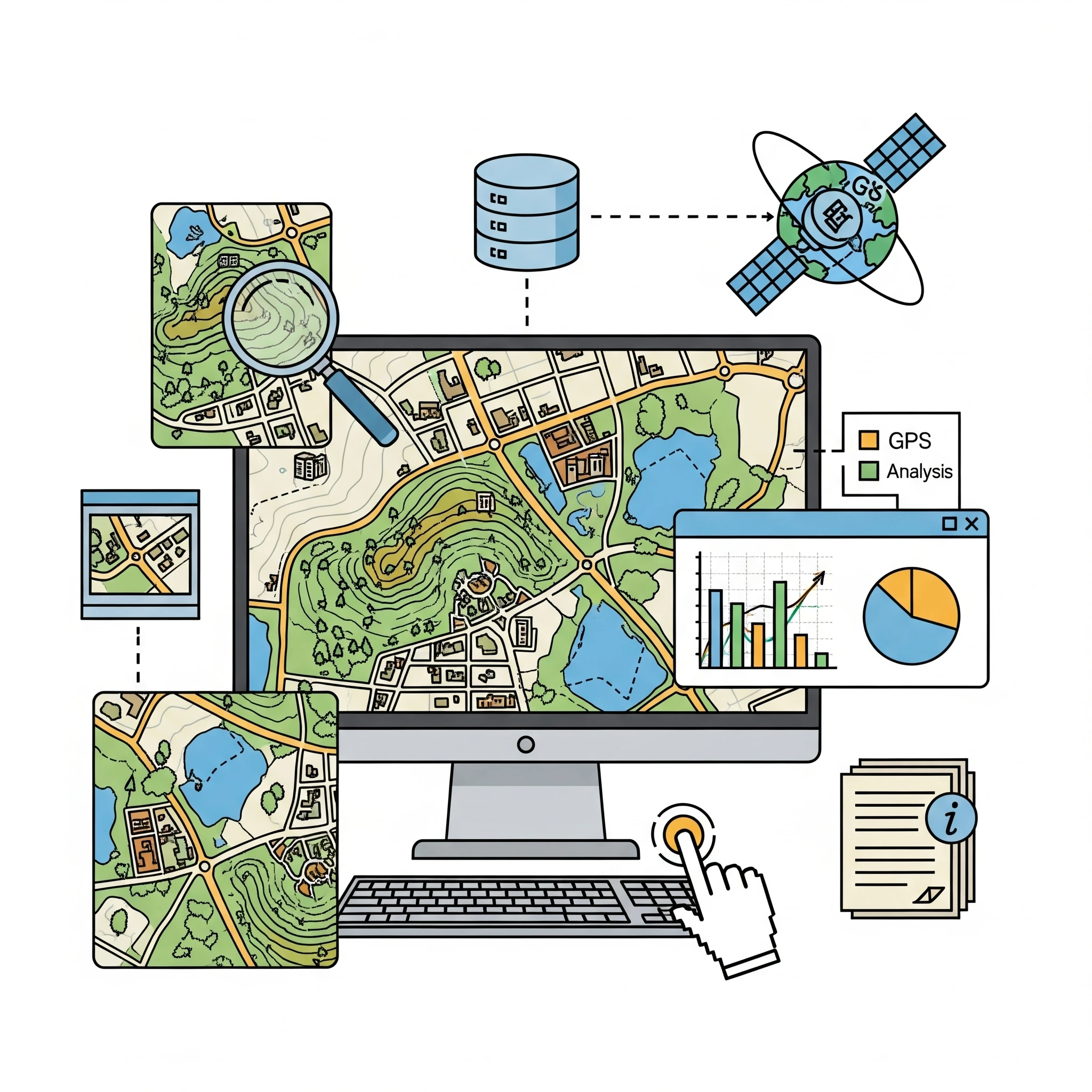 A computer screen displays a complex map with data layers and icons.