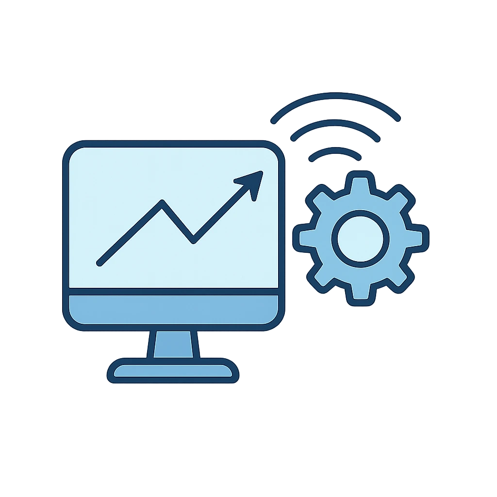 Monitor with growth chart and gear emitting Wi-Fi signals