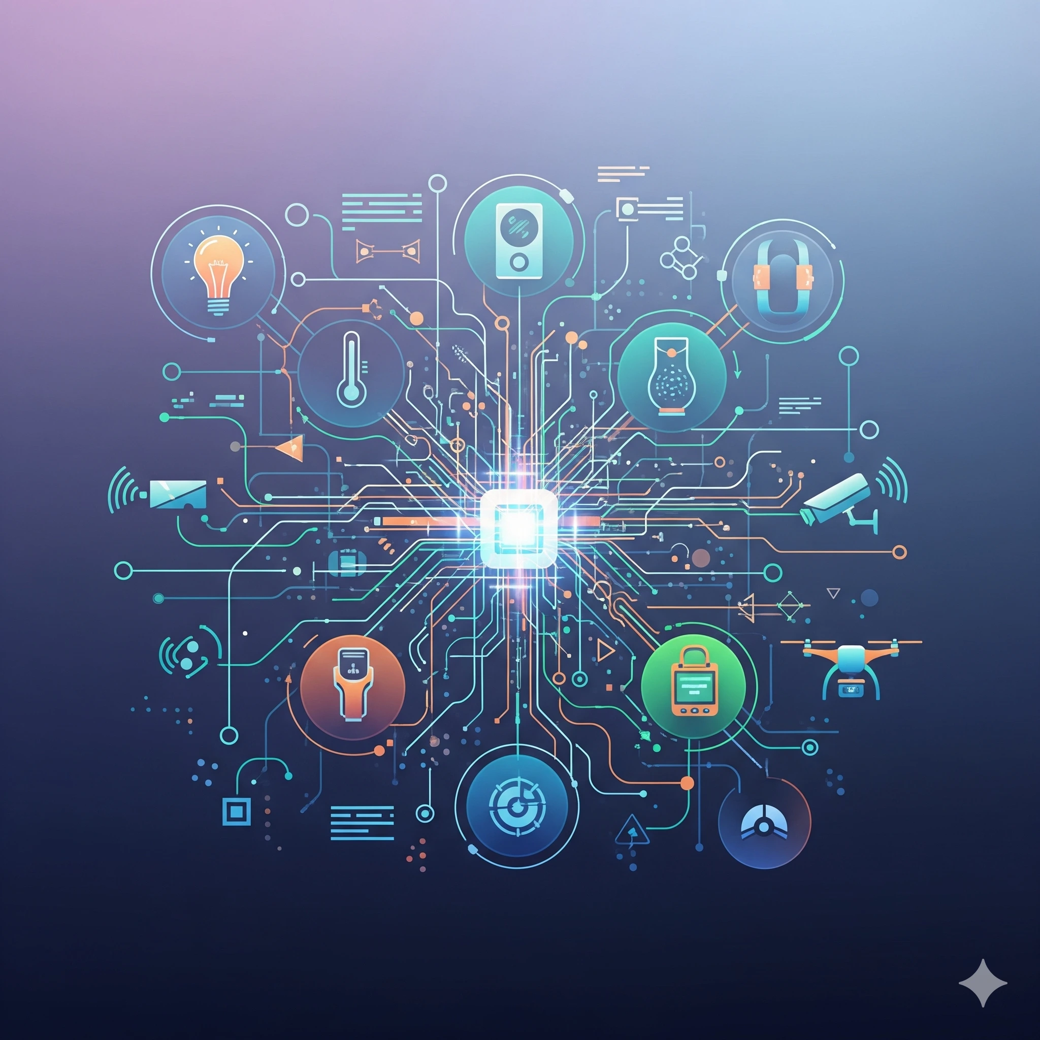 A central hub connects devices with glowing lines, symbolizing open IoT.