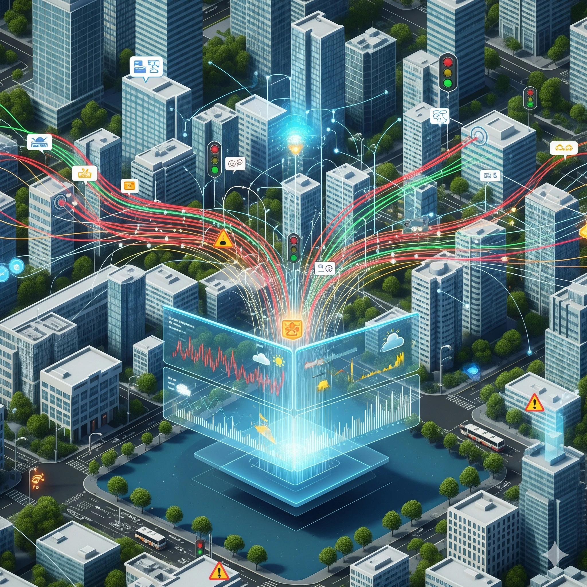 A holographic panel displays real-time data for a smart city.